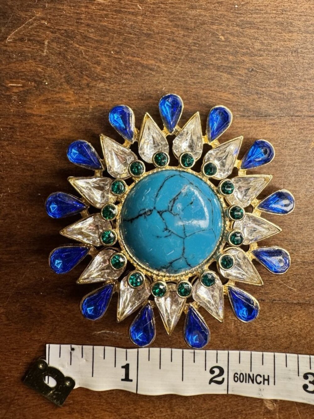 Gold Tone Flower Brooch Pin w/ Oval Blue faux Turquoise & Blue Green Rhinestones
